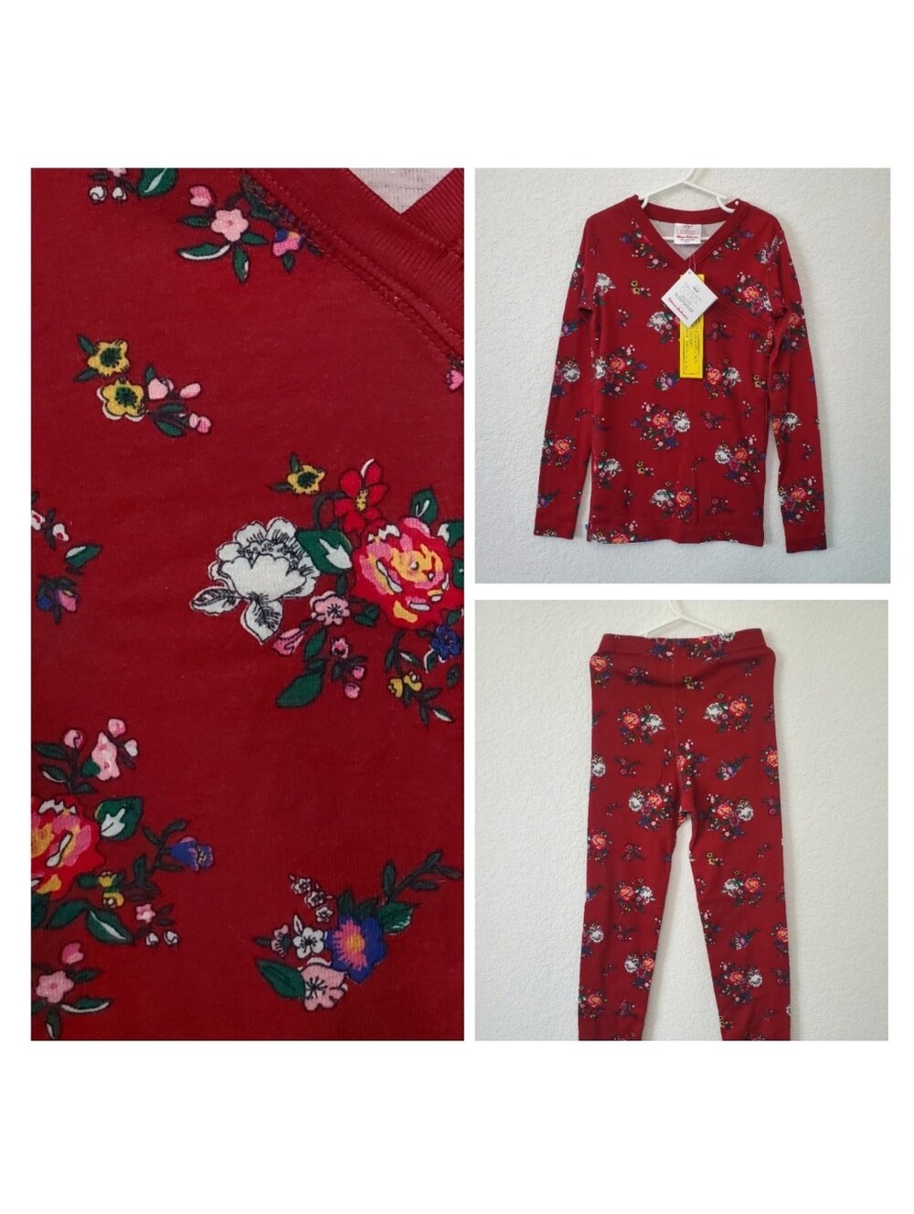 Hanna Andersson Kids Organic Cotton Burgundy Floral Long John Pajamas PJ Set 8